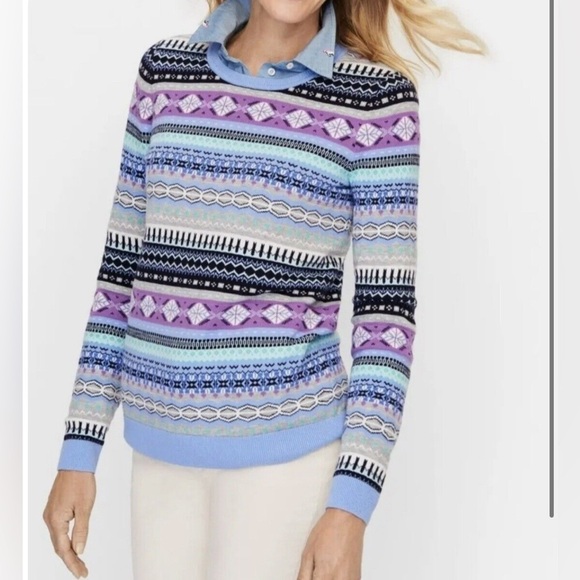 Talbots Sweaters - Talbots Lambswool Sweater XS Fair Isle Crewneck Blue Purple Buttons Classic